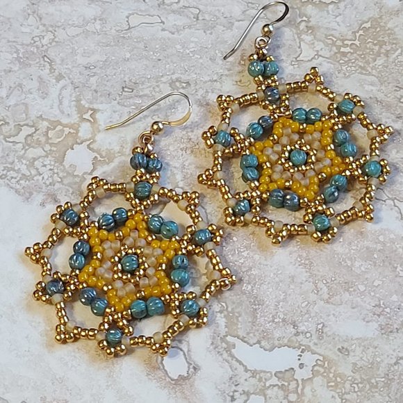 Handmade Stitched Glass Kalidoscope Earrings 14KT - Picture 4 of 4